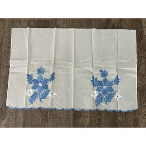 Sky Blue Embroidery Flower Fabric Material 36 x 22 Scalloped Edge Vtg Floral